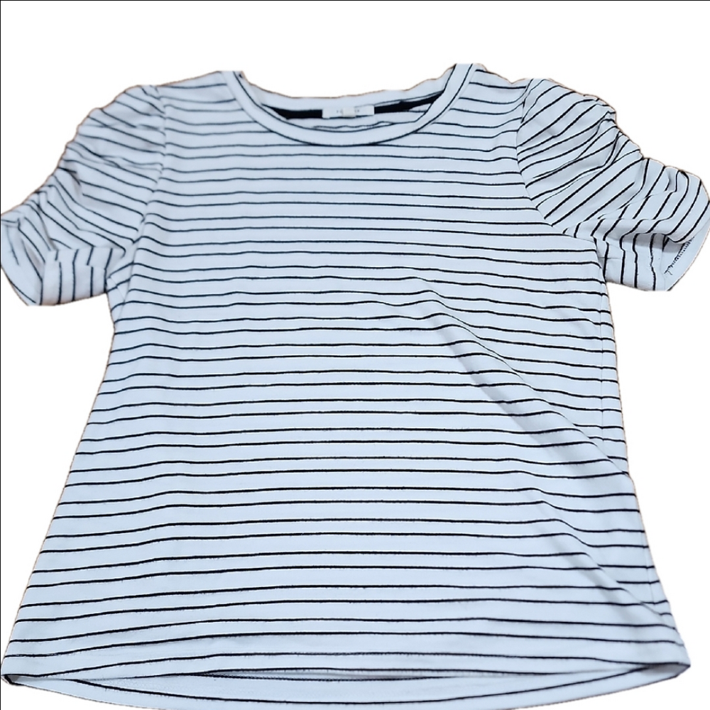 Pleione Striped Black and White Women's Top XS Ruched Sleeves